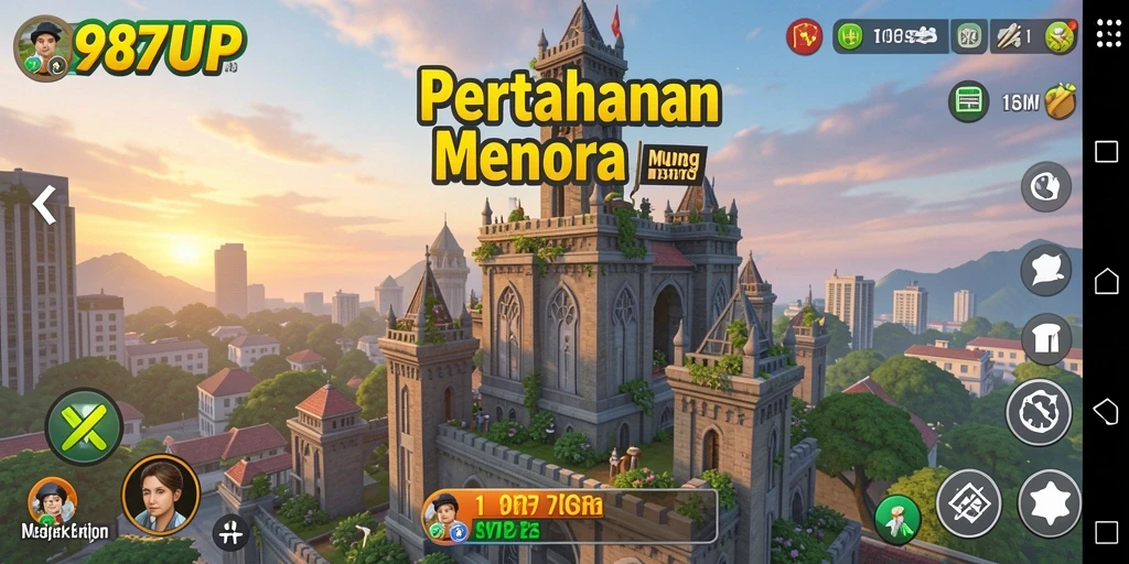 Screenshot gameplay 987UP yang menampilkan aksi Tower Defense yang intens.